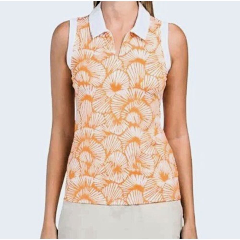 Tommy Bahama Golf Zip Polo Shirt Womens Large Orange White Sleeveless Top